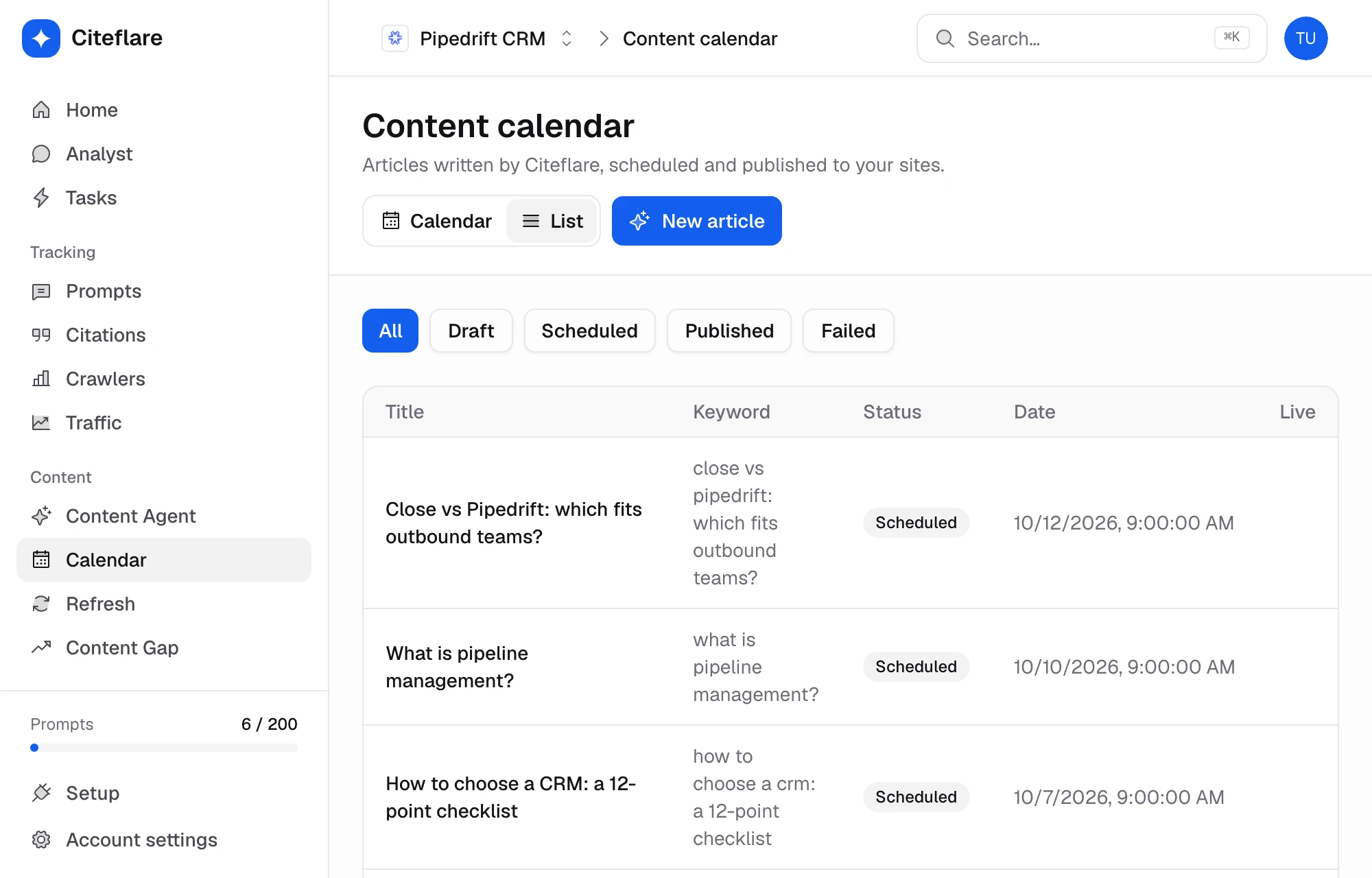 A week of content, in one view: the Citeflare app with demo data