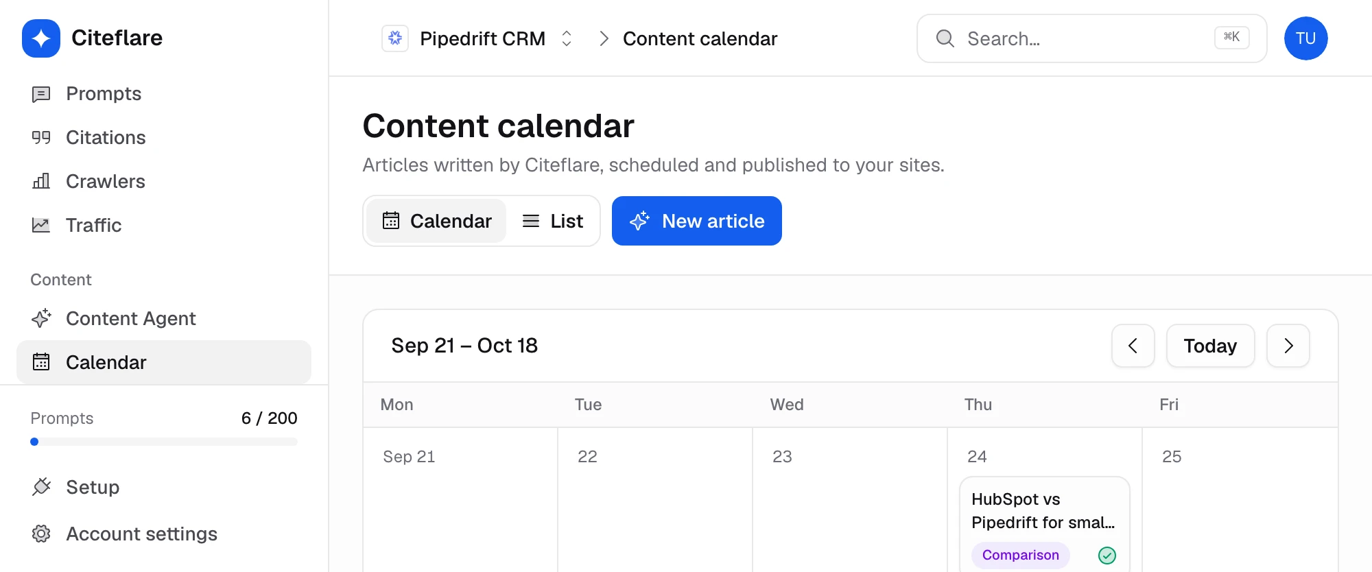Content calendar with published and scheduled articles