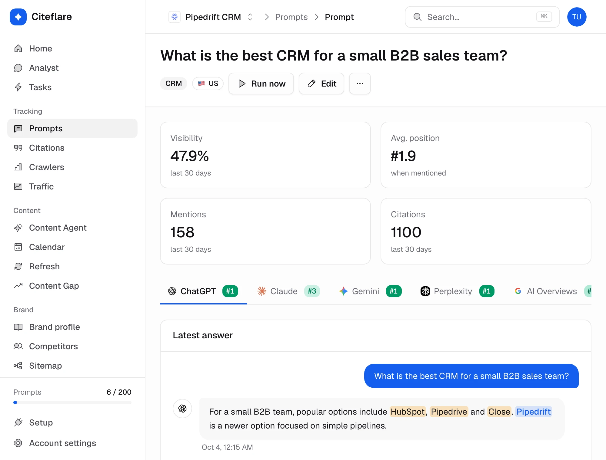 One table, every engine: the Citeflare app with demo data