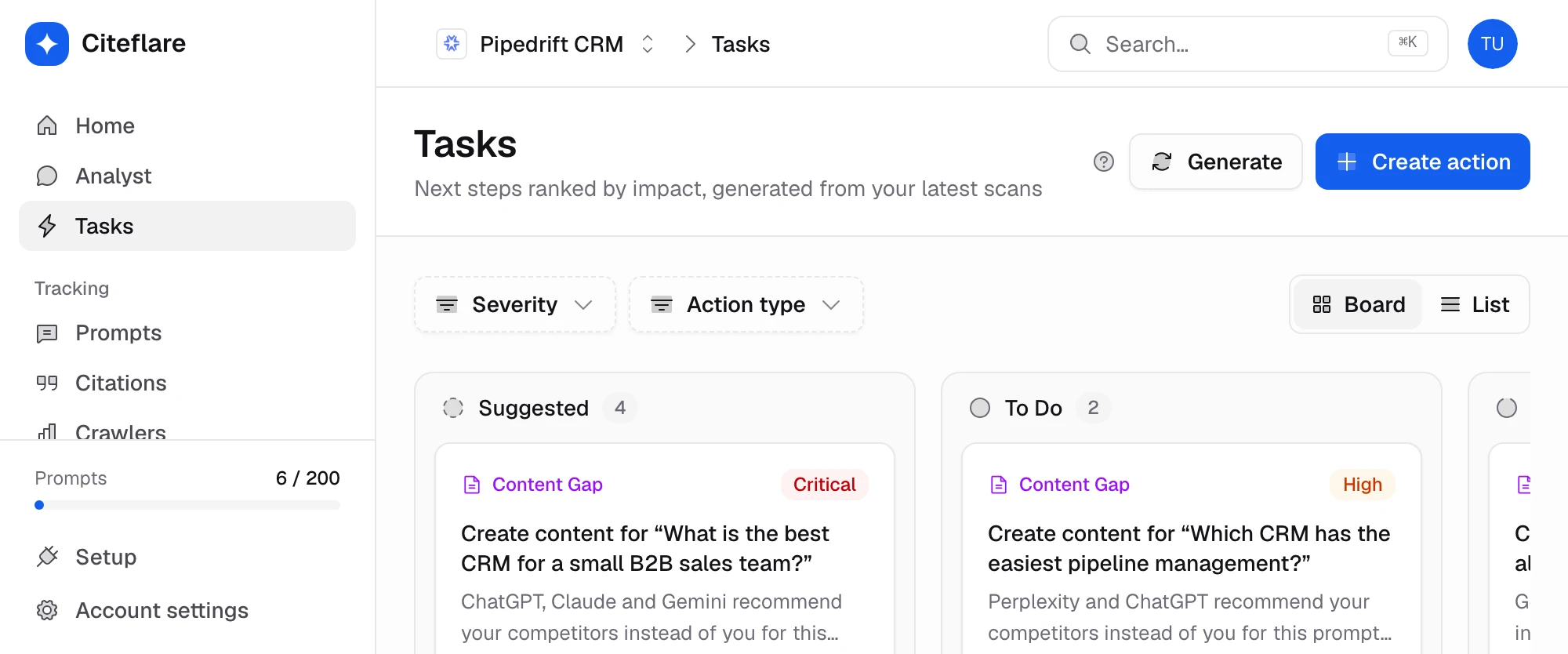 Tasks board with suggested, to do, in progress and done columns