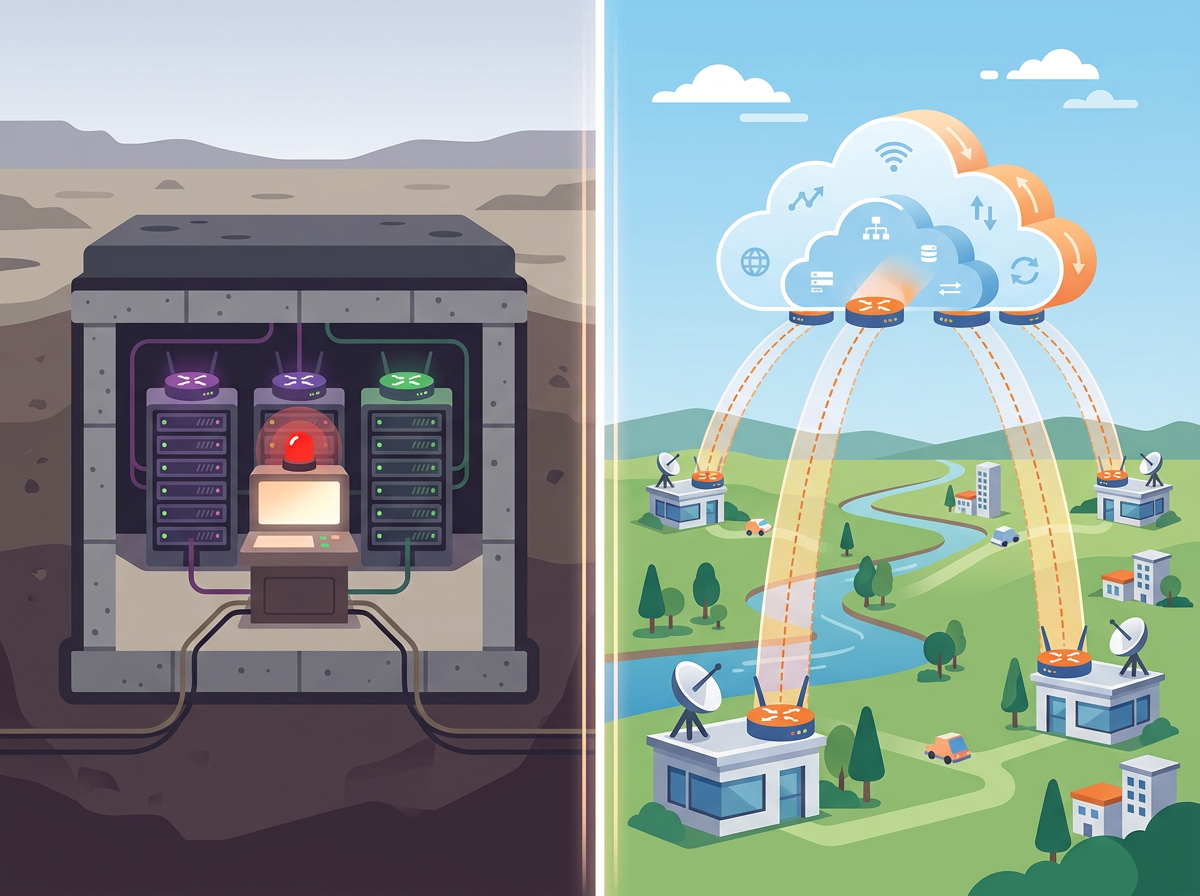 Illustration splitting an isolated offline site from connected branch routers managed through a hosted service.