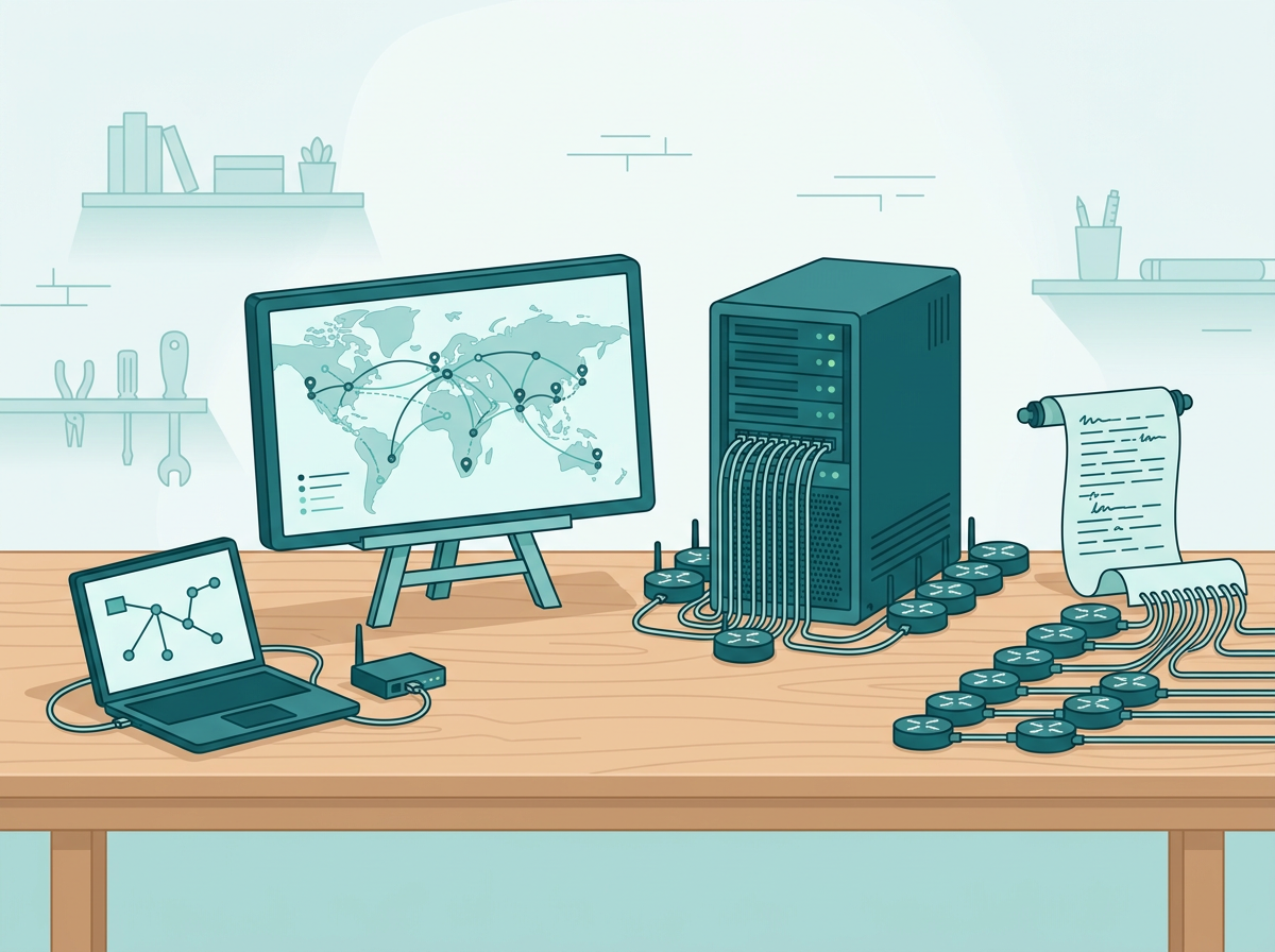 Four management approaches depicted from a single-router connection to scripted control of many routers.