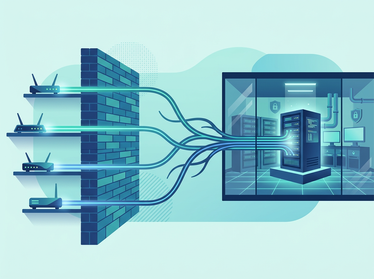 Routers behind a wall dialing out through tunnels to a central private VPN server.