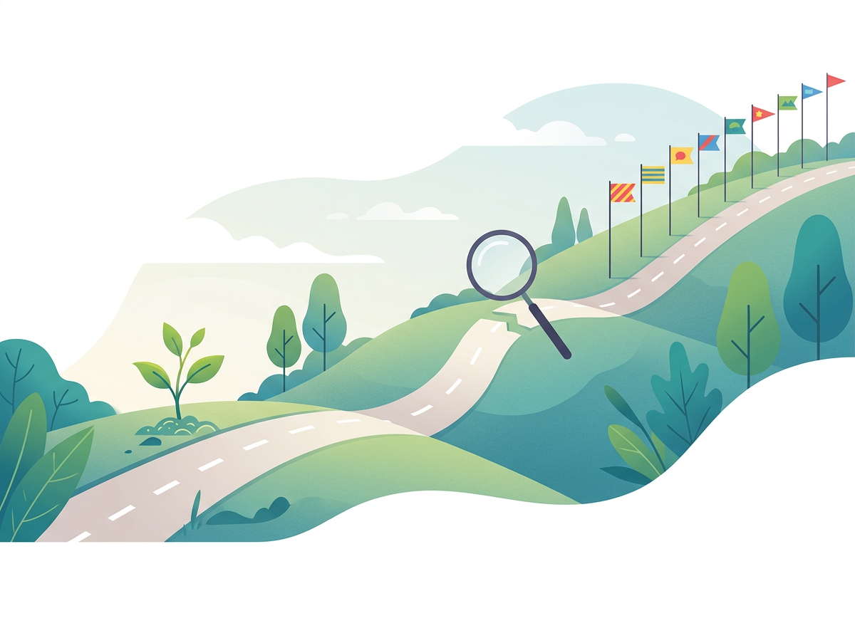 A winding road with three stops showing a seedling, a magnifying glass and rising flags, representing a three-month plan.
