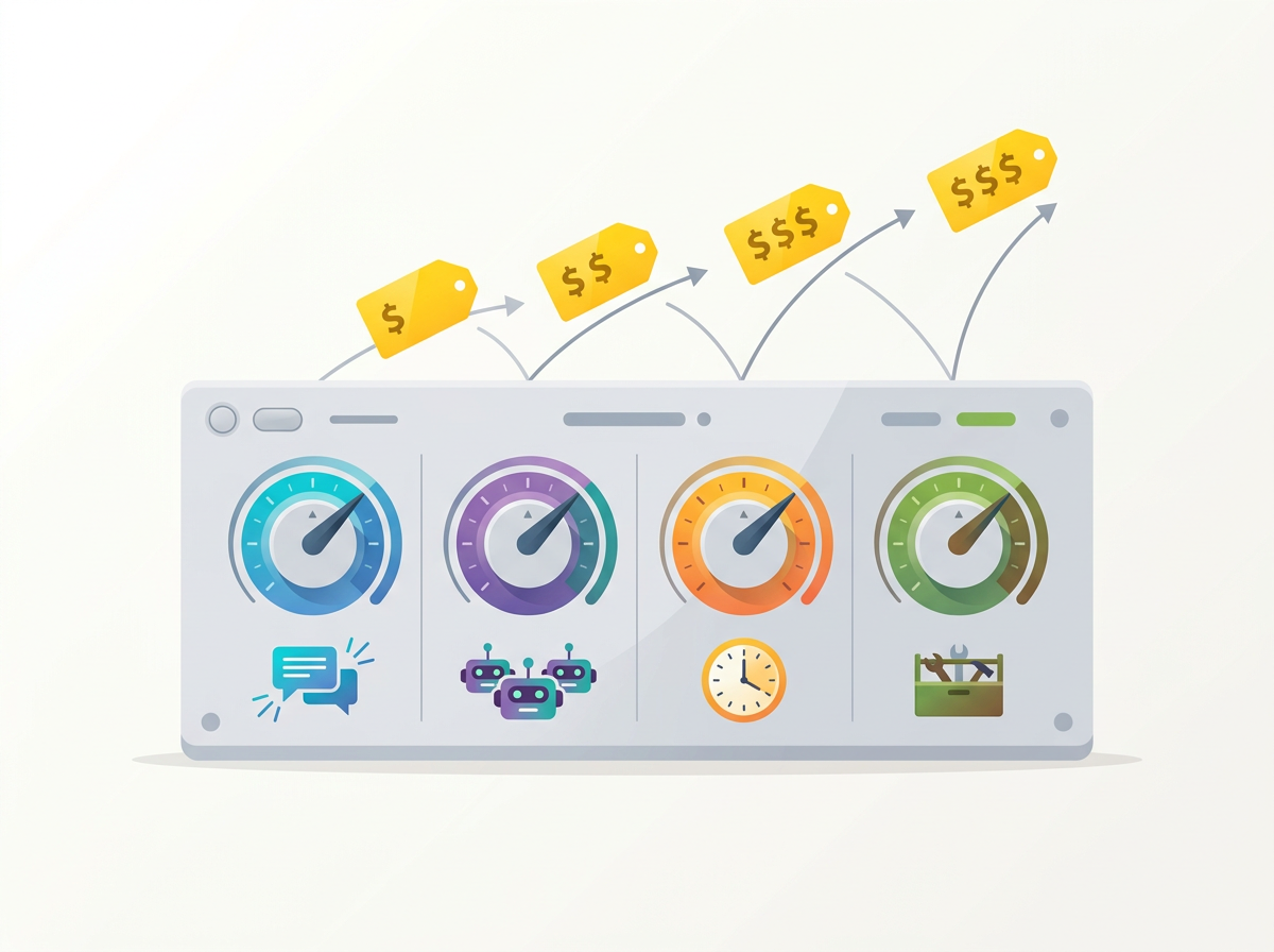 A control panel with four dials representing prompts, engines, refresh rate and features, linked to a rising price tag.