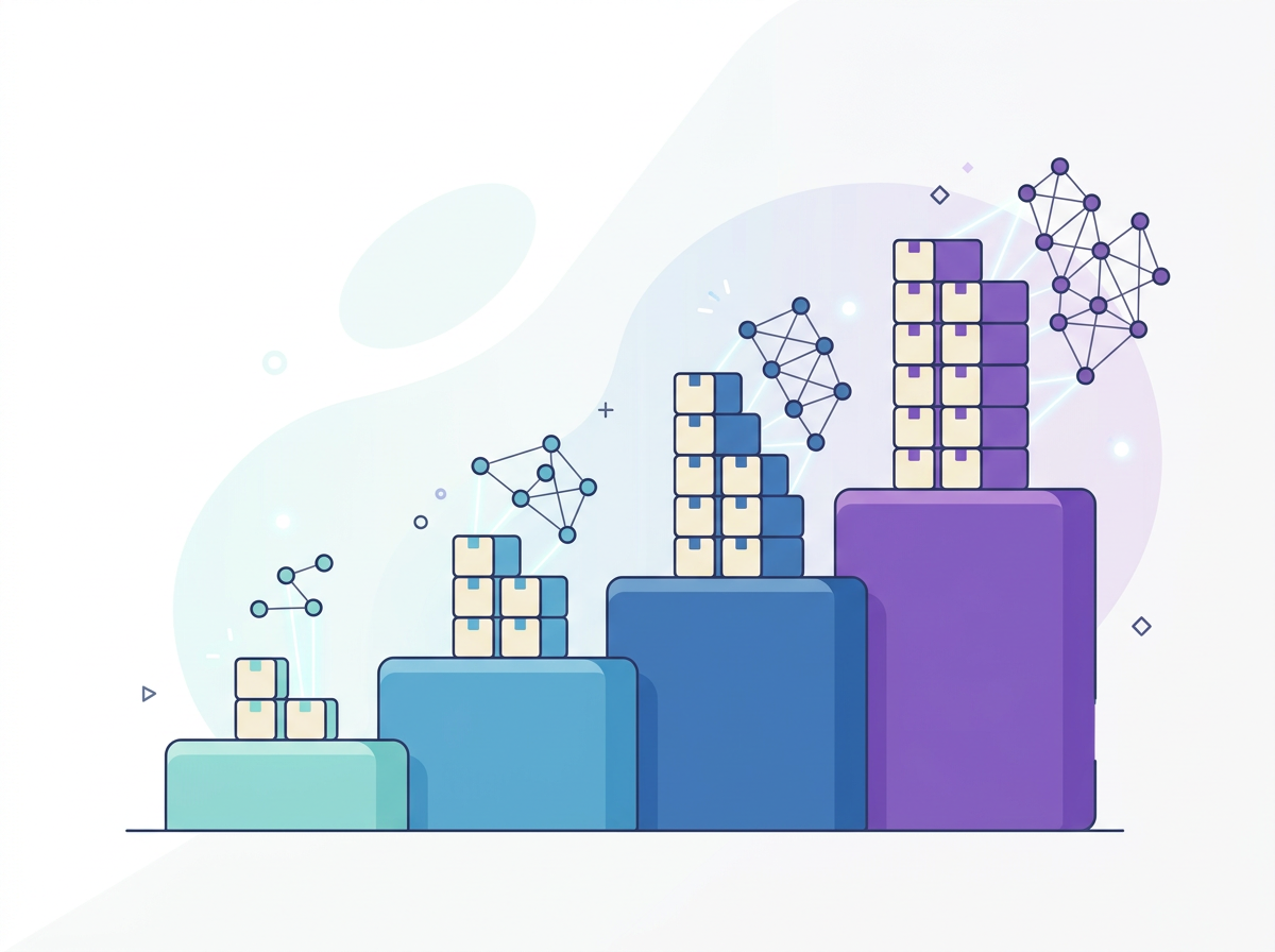 A staircase of four steps, each holding more boxes and nodes to represent increasing plan tiers.