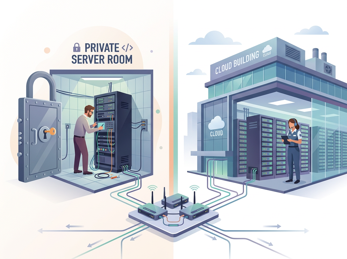 Side-by-side illustration of a private on-premise server and a vendor cloud both connected to routers.