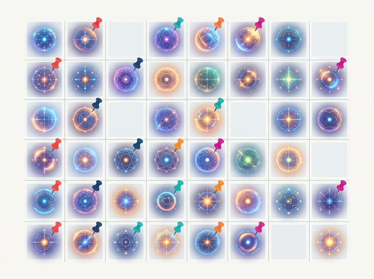 Grid of abstract AI engine orbs with colored pins showing where competitors appear and the user's brand does not.