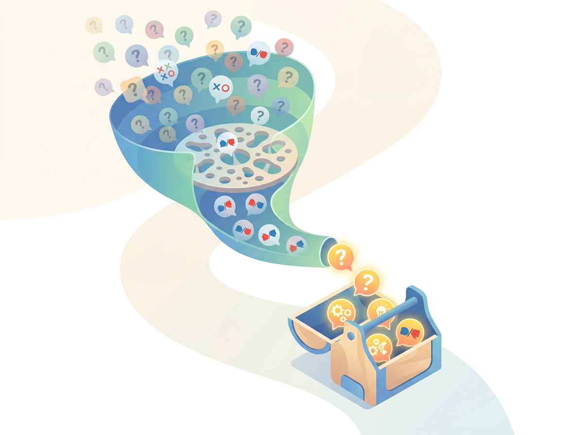 Funnel filtering many question bubbles down to a few highlighted gaps that fall into a toolbox.
