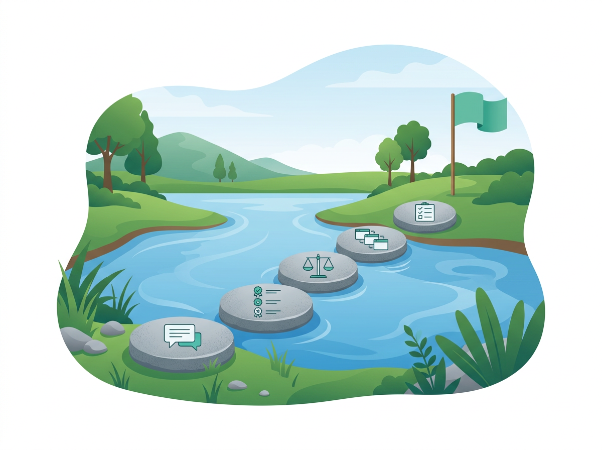 Five stepping stones with simple icons leading across a river to a flag, representing the capabilities of gap-finding software.