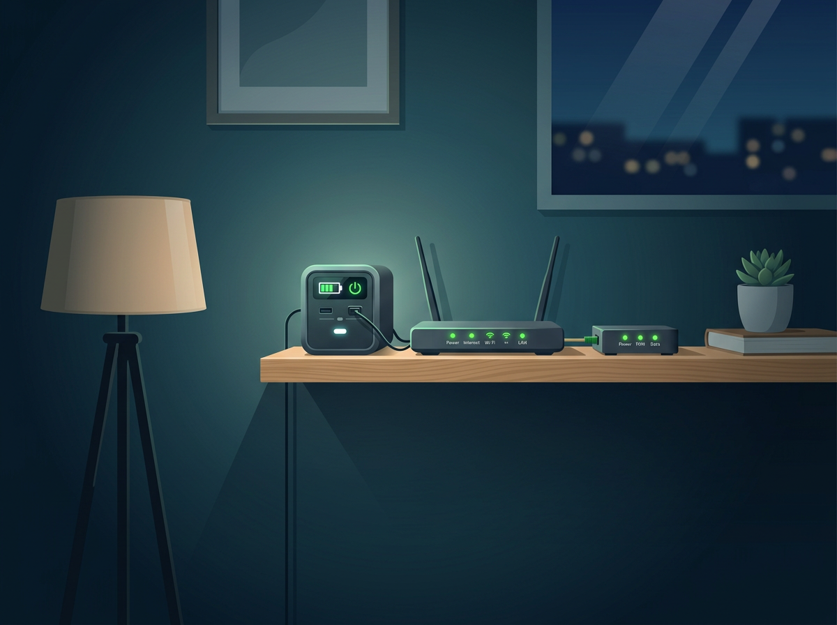 Battery backup keeping a router and fibre box running during a power cut