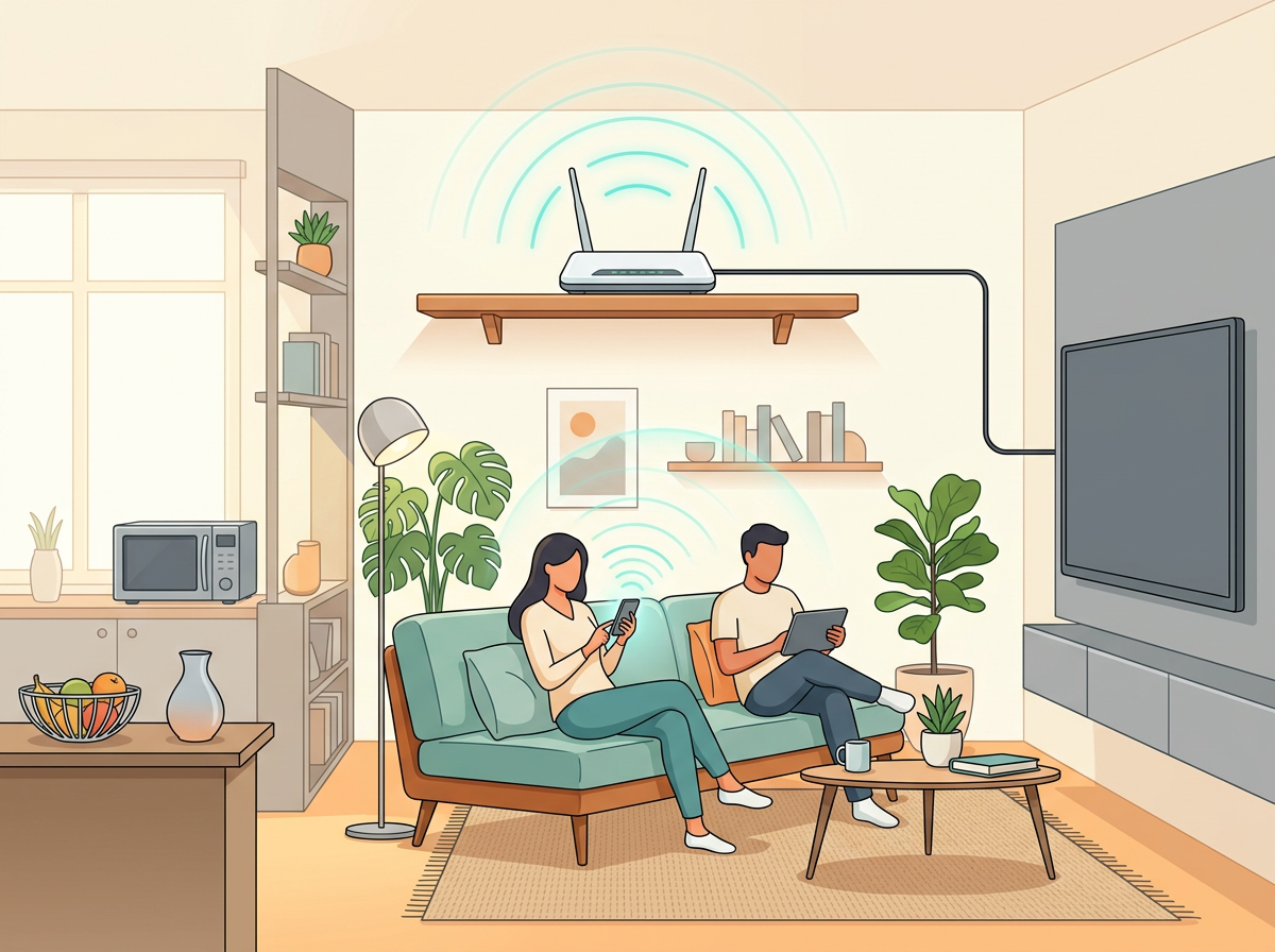 Living room with a router placed high and central, TV connected by cable