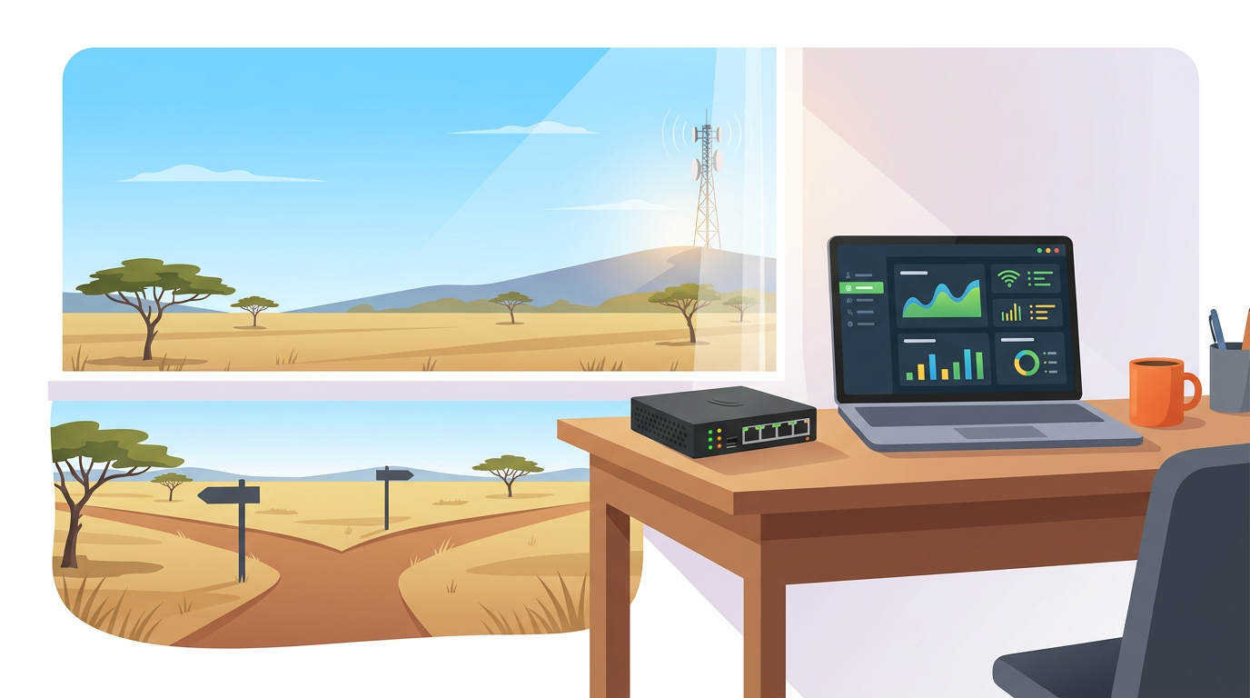 A WISP office desk with a router and laptop, and a radio tower on a hill outside the window.