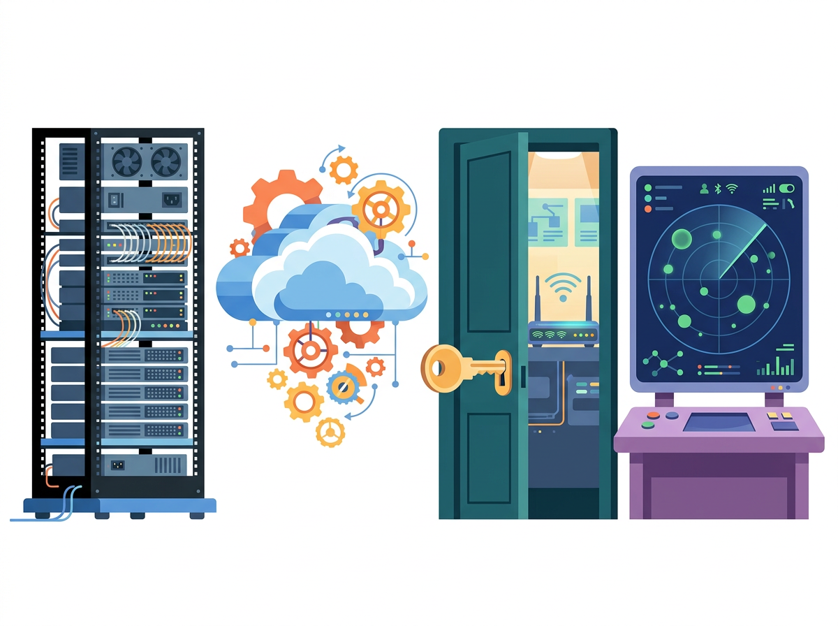 Four categories of router management tools shown as different workstations.
