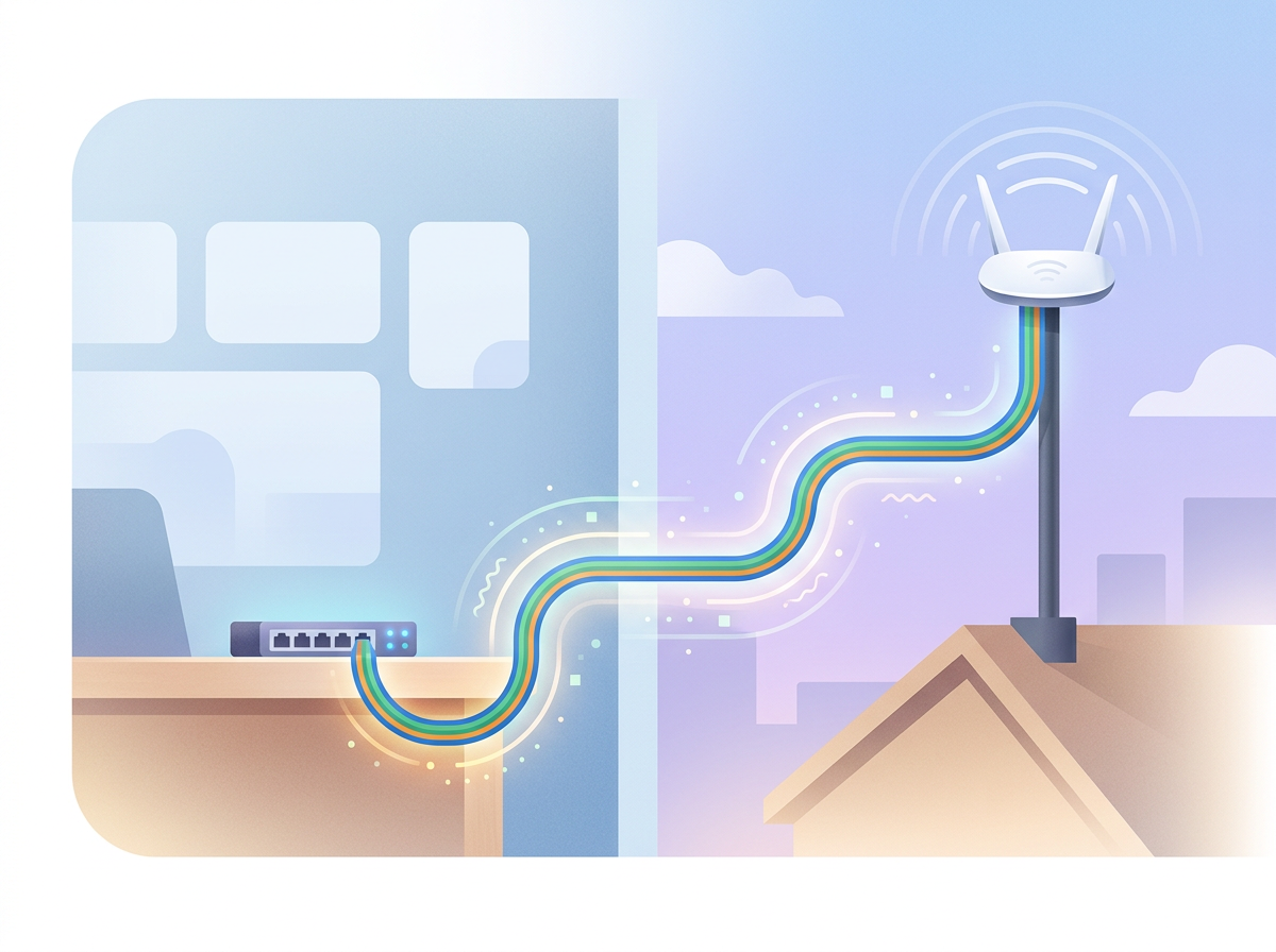 One ethernet cable carrying power and data from a switch to a rooftop wireless access point.