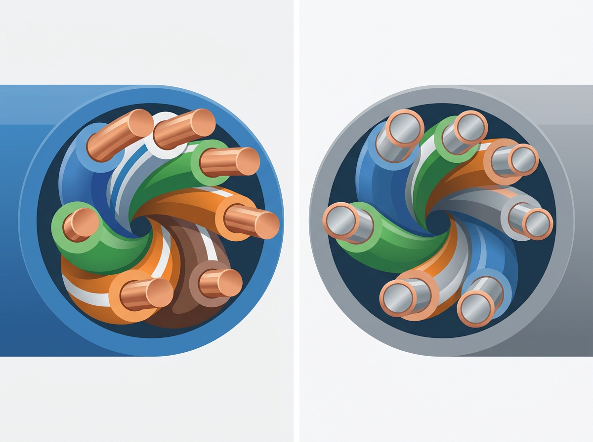 Two cut cable ends compared, one with solid copper wires and one with copper-clad aluminium.