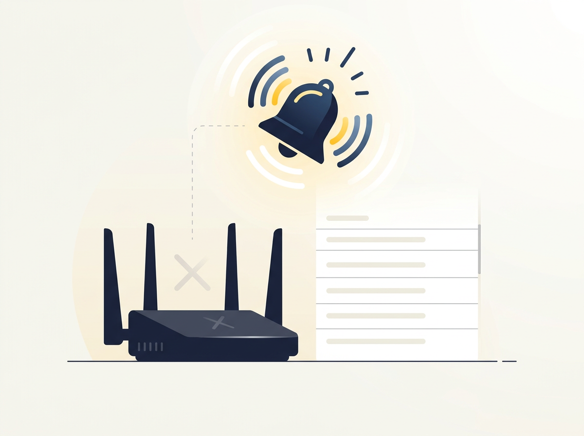 An offline router sending no logs while a monitoring alert bell rings.