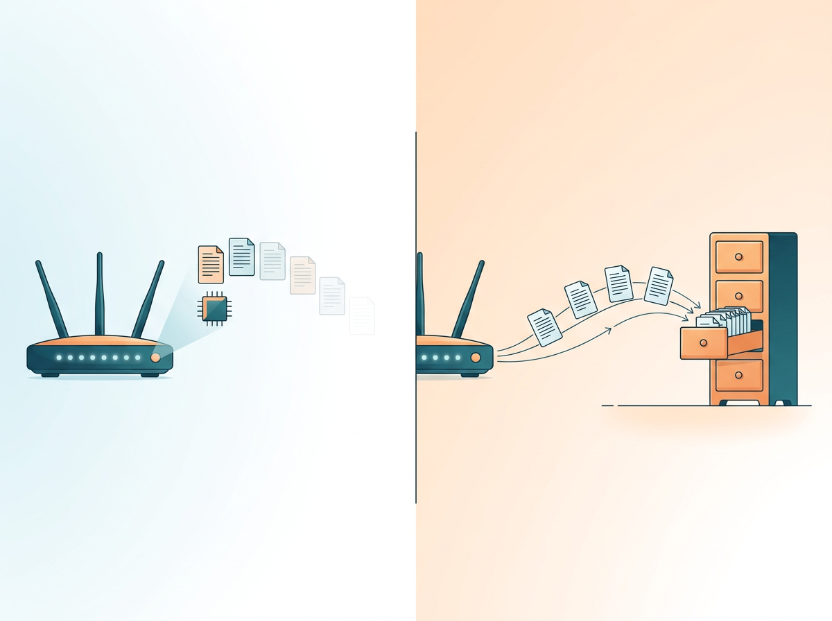 Comparison of a router losing logs on reboot versus sending them to a stored archive.