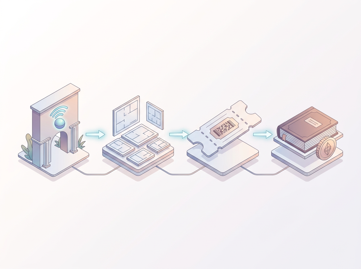 Four linked building blocks representing access control, plans, vouchers and sales records.