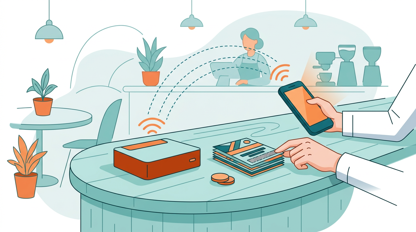 A router next to a stack of WiFi voucher cards with signal waves reaching a smartphone.