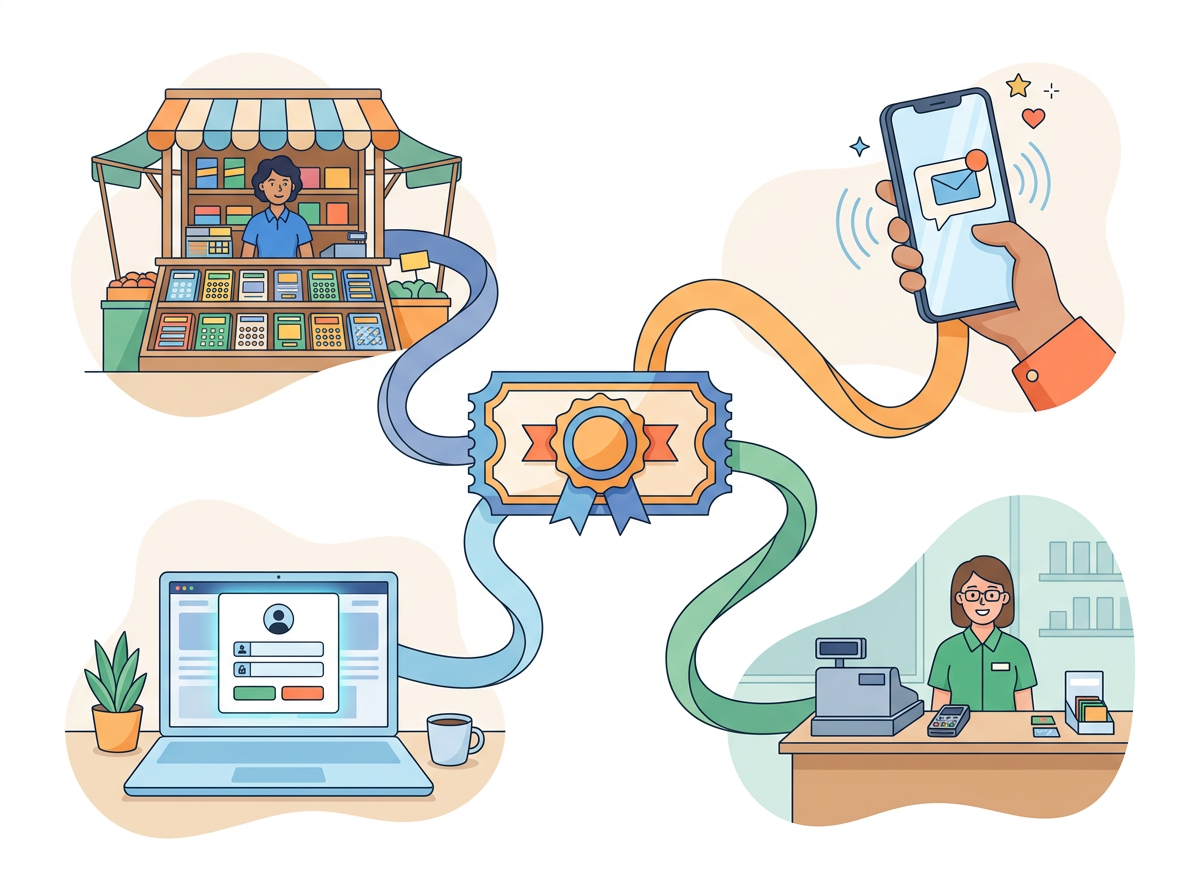 A voucher branching into four sales channels: shop agents, phone messages, self-service portal and staff counter.