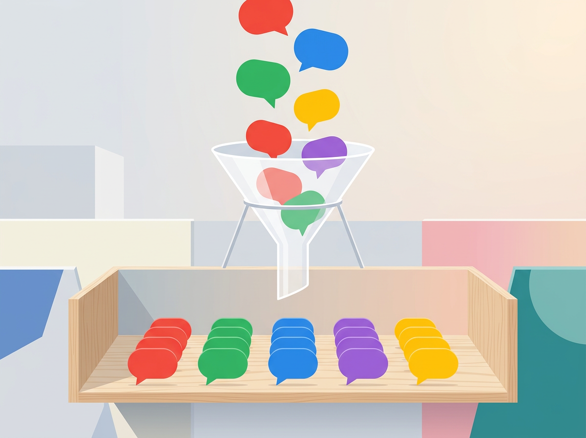 Different question bubbles being sorted into organized rows.