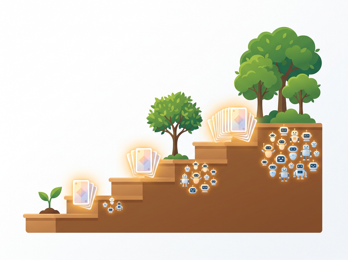 A staircase of three growing stages, from a seedling to a grove, showing plans scaling up.