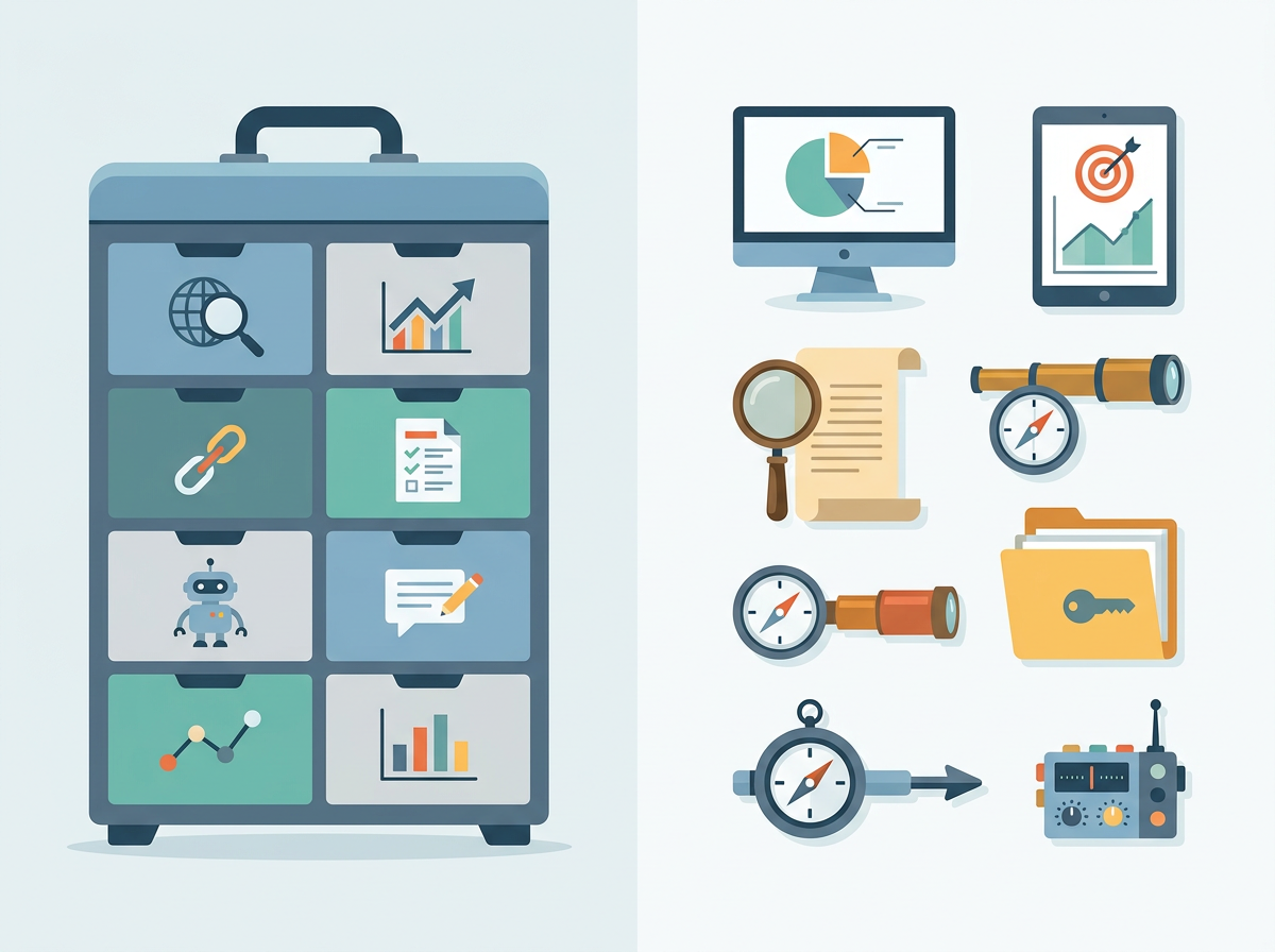 An all-in-one toolbox contrasted with separate specialized instruments.