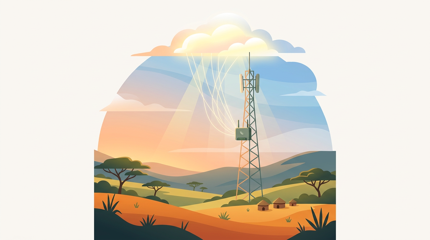 A radio mast with a router linked by light beams to a cloud in the sky.