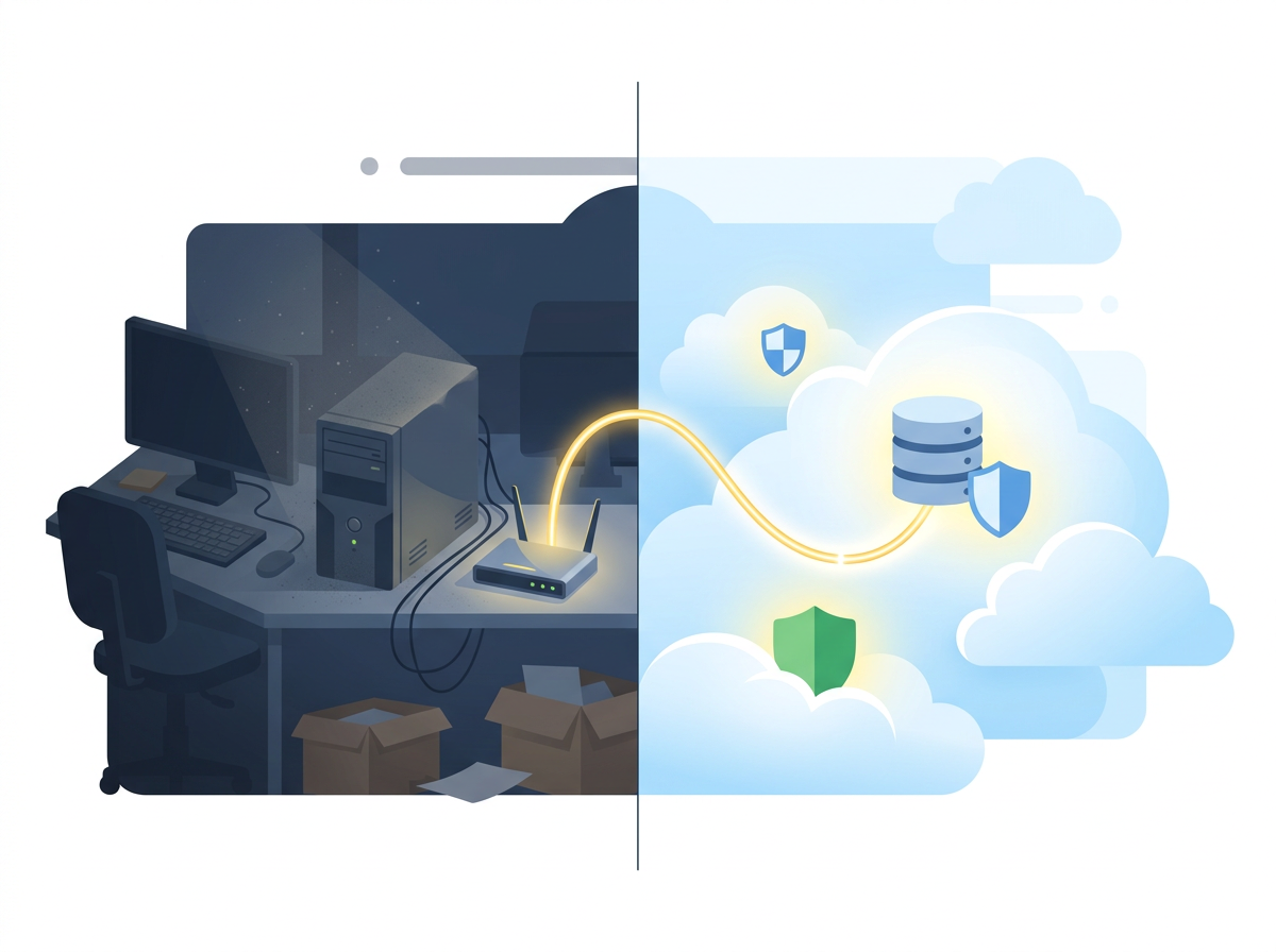 A dark office server beside a bright cloud that keeps a router connected.