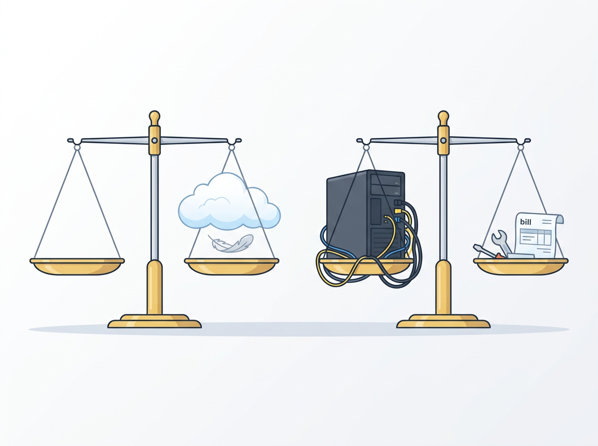 A balance comparing a light cloud service with a heavy self-hosted server.