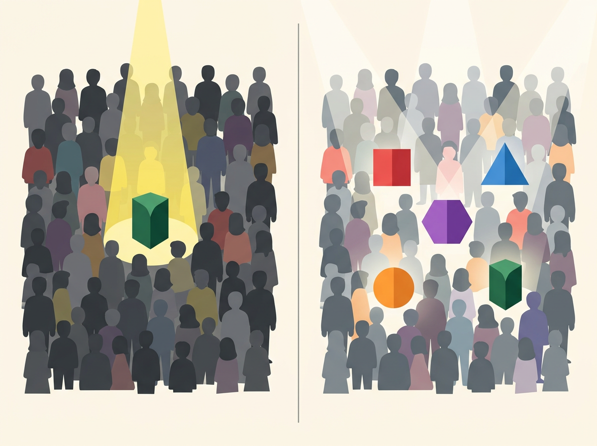Comparison of one brand being visible versus sharing the spotlight with several rival brands.