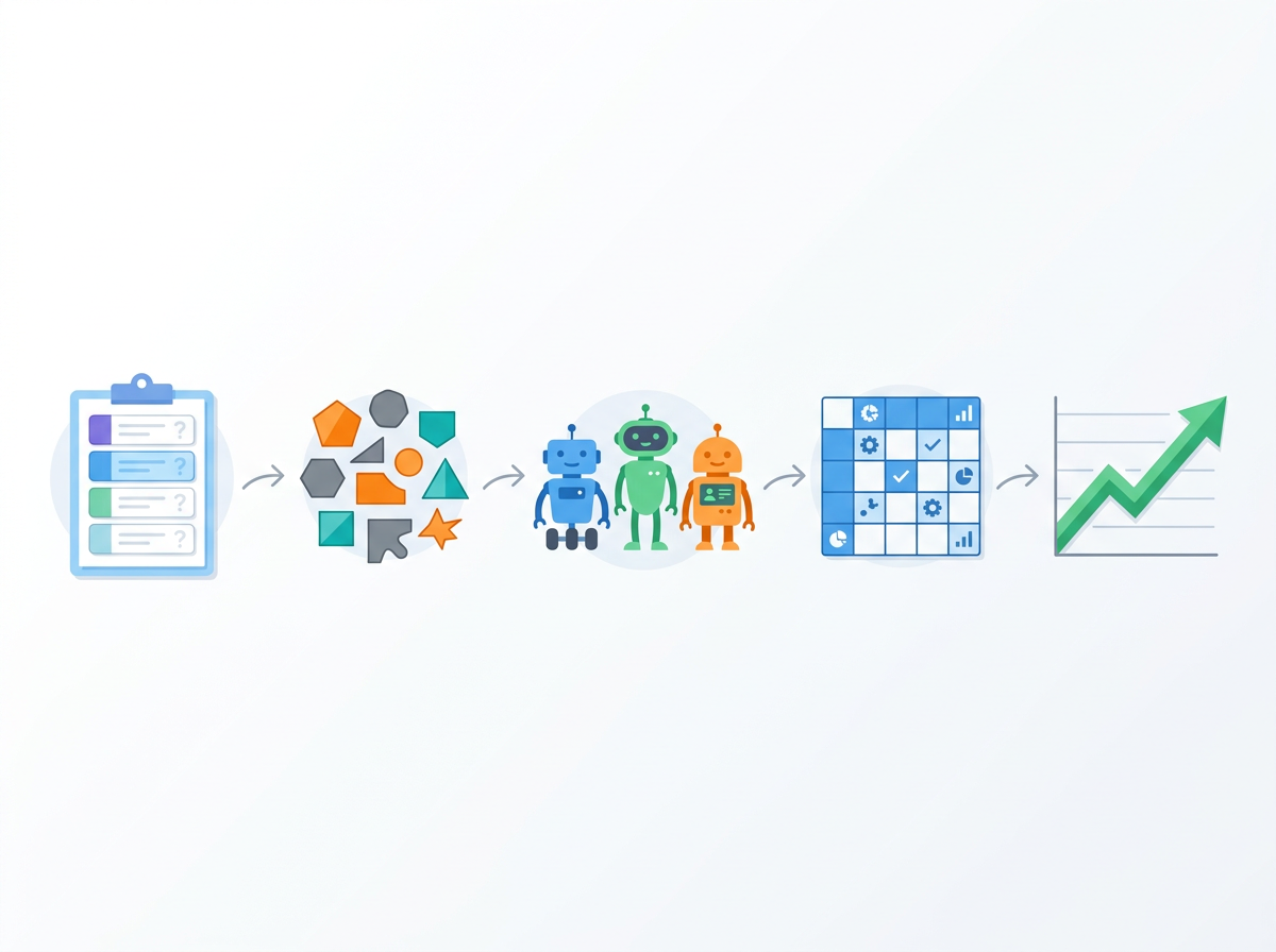 Step-by-step process from buyer questions to competitors, engines, a grid view and a trend line.