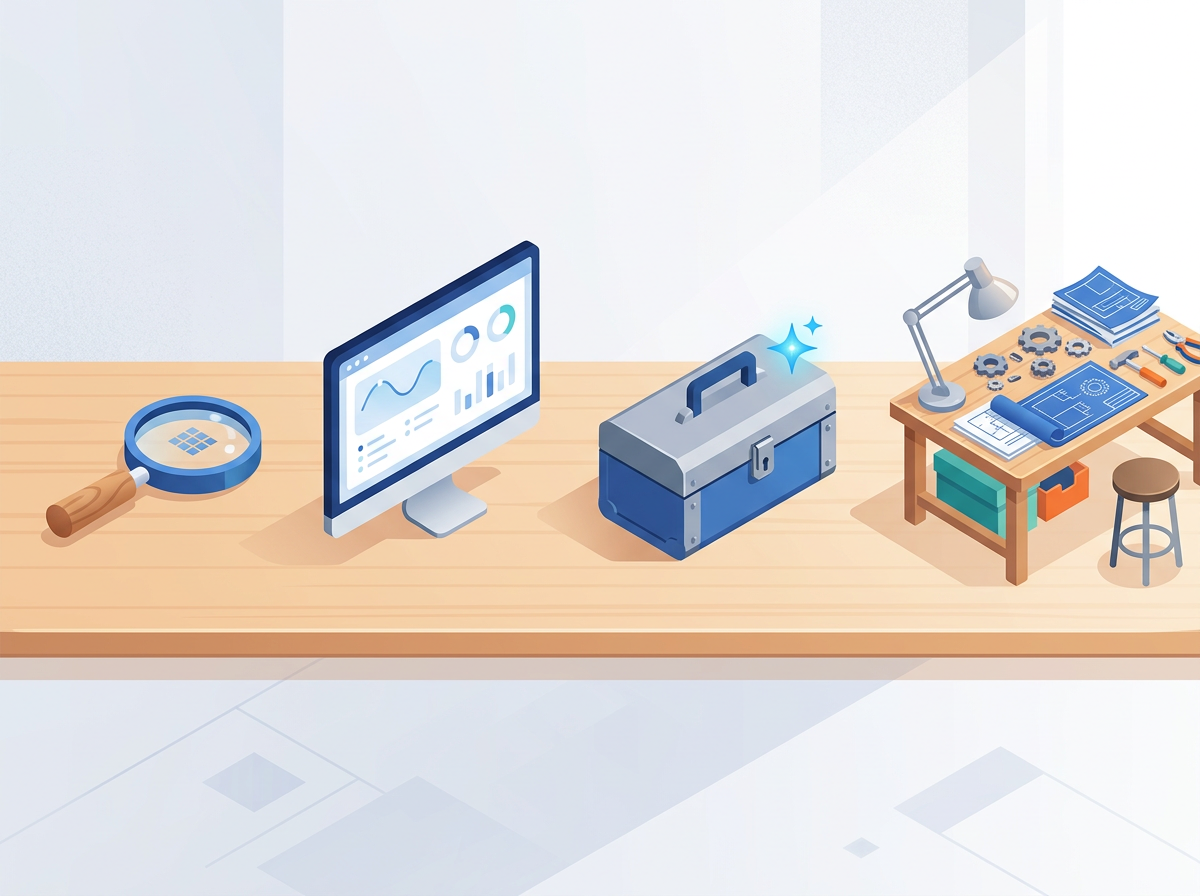 Four tool types arranged side by side, from manual checking to a full integrated workspace.