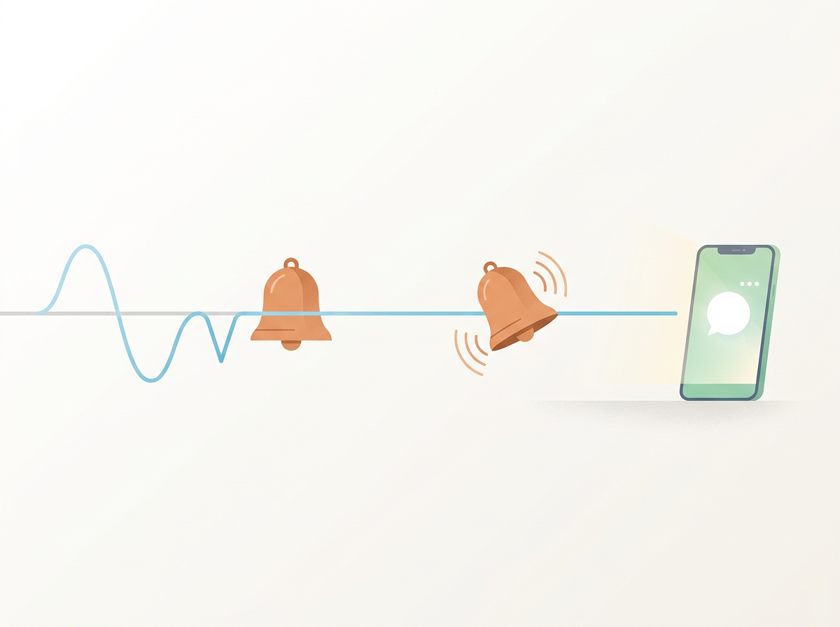 A short signal dip is ignored while a long outage triggers an alert on a phone.