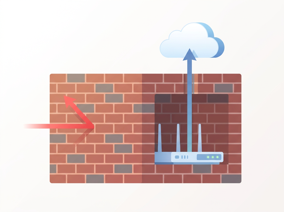 An outbound connection from a router passes a wall that blocks incoming connections.