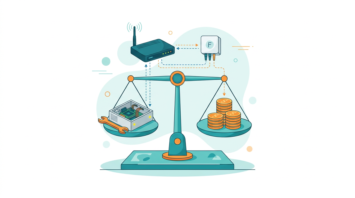 A balance scale weighing a self-hosted server against coins, with home routers connected above.