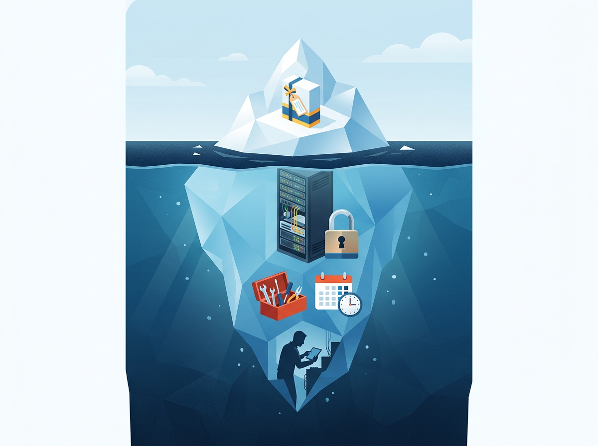 An iceberg whose hidden underwater portion shows the real costs behind free software.