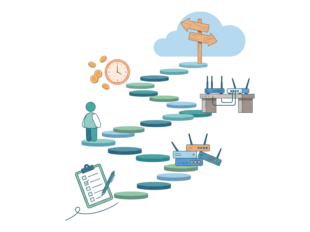 A stepped path leading to a decision fork, with icons for routers, owner, time cost and testing.
