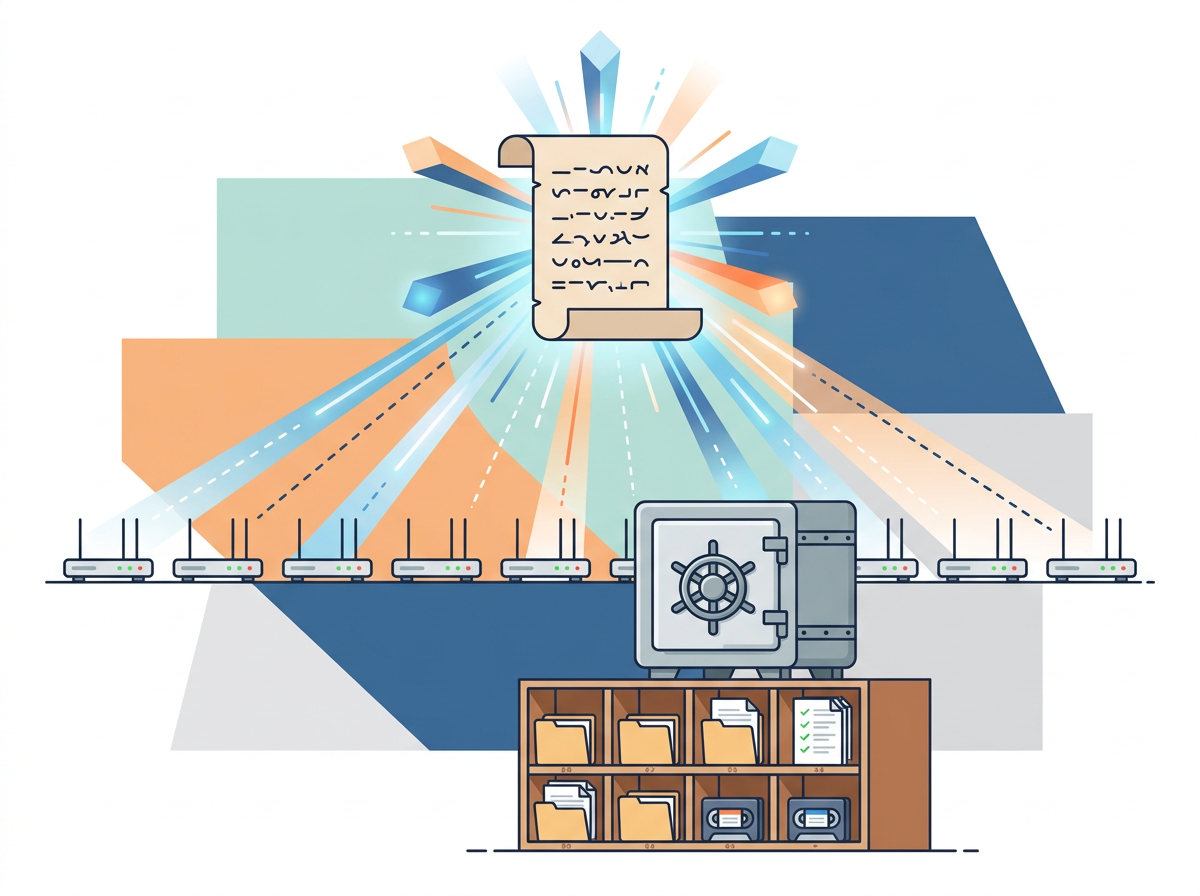 A single script sending commands to many routers while backup copies are stored in an archive.