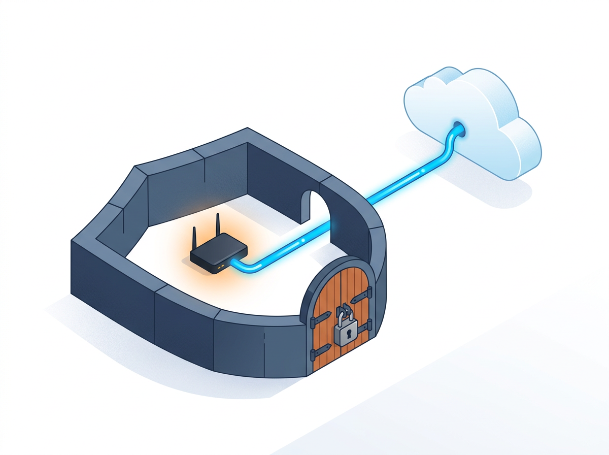 A router behind a wall opening an outbound tunnel to a cloud dashboard while inbound access stays closed.