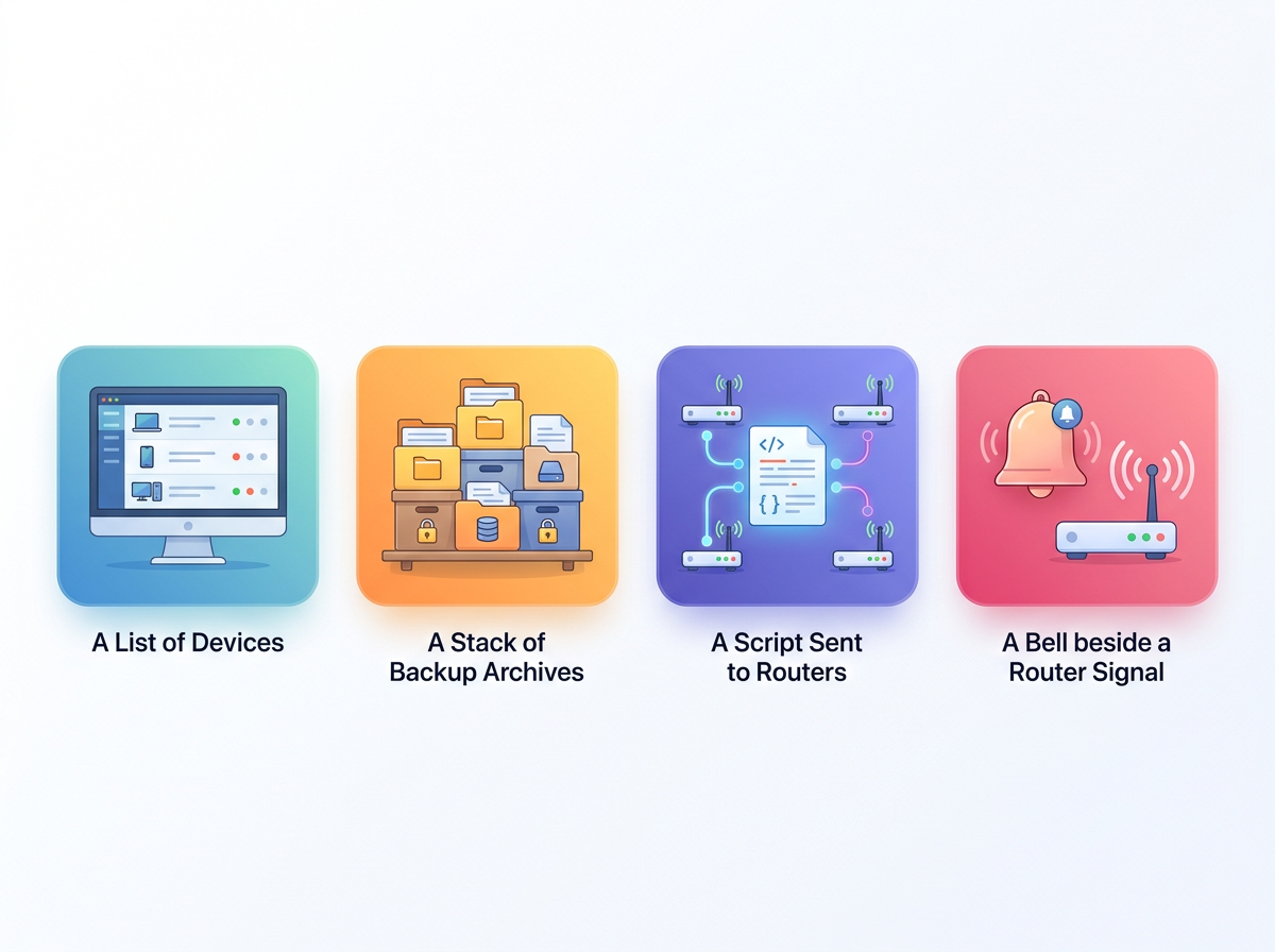 Four panels showing inventory, backups, bulk actions and alerts
