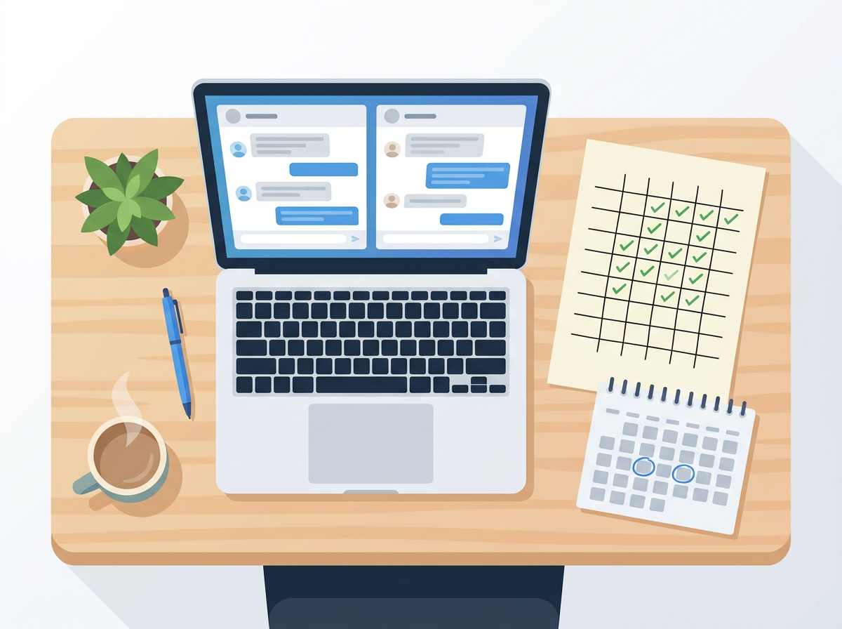 A desk with a laptop, spreadsheet and calendar set up for manually checking AI answers over two days.